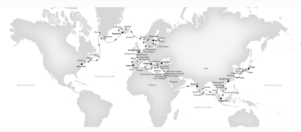 voici la carte d'un Itinéraire tour du monde croisière de luxe avec SilverSea